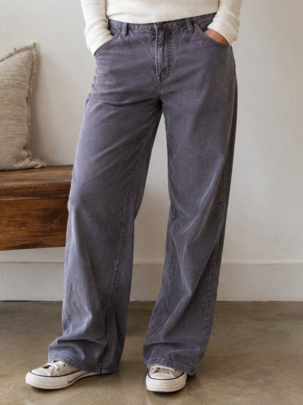 American Eagle Gray Corduroy Straight Leg Pants Women's 14 Long Stretch Mid Rise